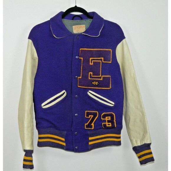 Varsity Bomber Jacket Ripon Award byCarl Dorhling Purple Yellow Wool Leather